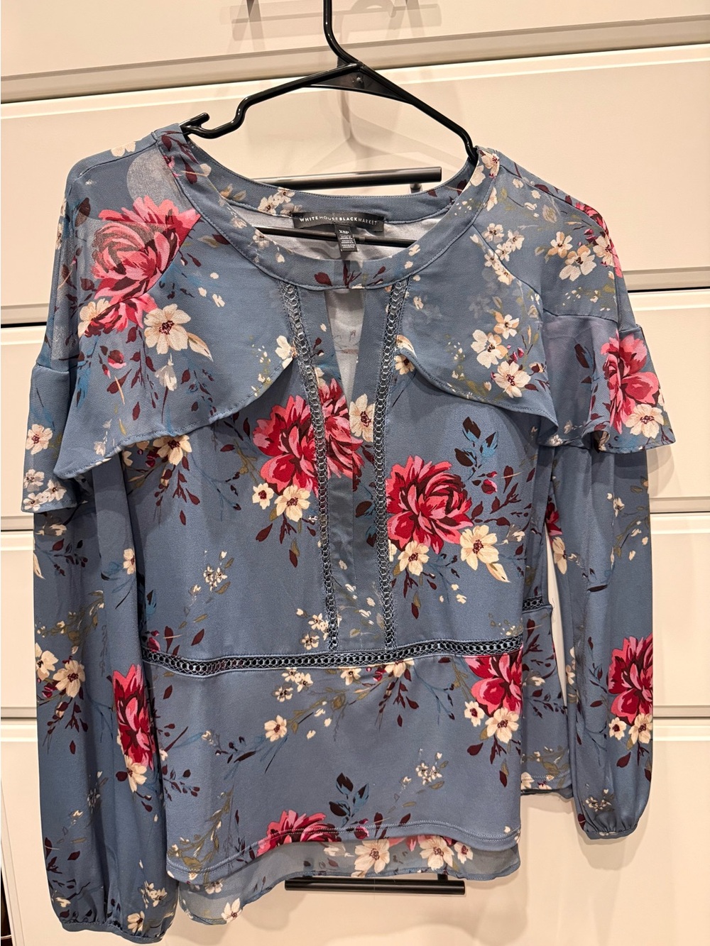 White House Black Market Dusty Blue Floral Ruffle Blouse
